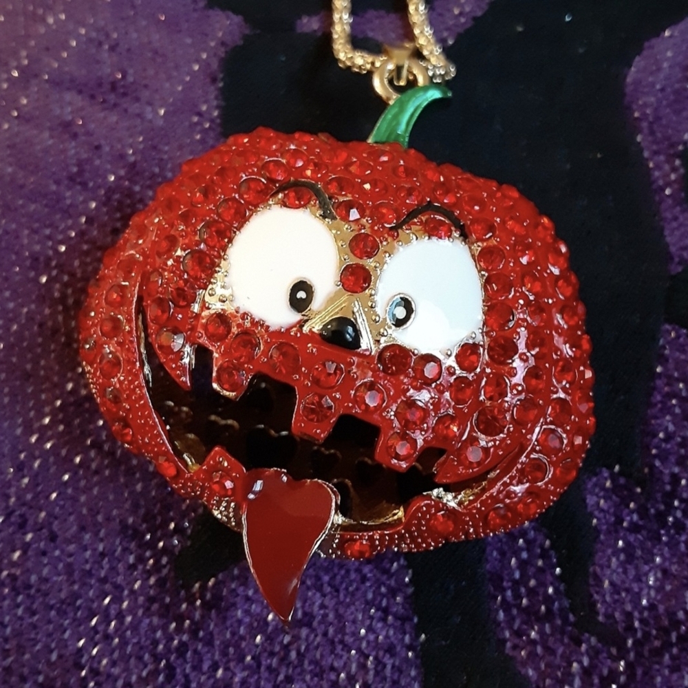 Orange Crystal Rhinestone Jack-o-Lantern Necklace Halloween New